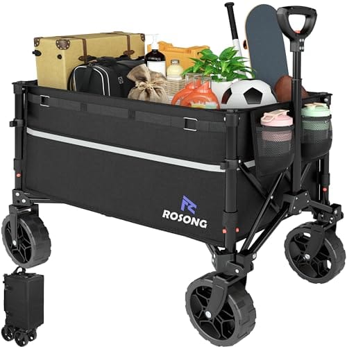 Collapsible utility wagon with a sturdy frame, large wheels, and retractable handle, filled with various items like luggage, a skateboard, and sports equipment.