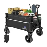 Collapsible utility wagon with a sturdy frame, large wheels, and retractable handle, filled with various items like luggage, a skateboard, and sports equipment.