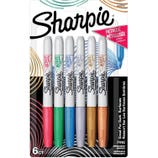 Sharpie Metallic Permanent Markers, Fine Tip, 6-pack includes ruby, emerald, sapphire, silver, gold, and bronze colors, suitable for dark surfaces.