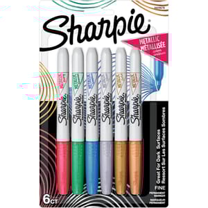 Sharpie Metallic Permanent Markers, Fine Tip, 6-pack includes ruby, emerald, sapphire, silver, gold, and bronze colors, suitable for dark surfaces.
