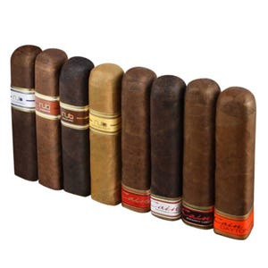 A selection of cigars with various colored labels.