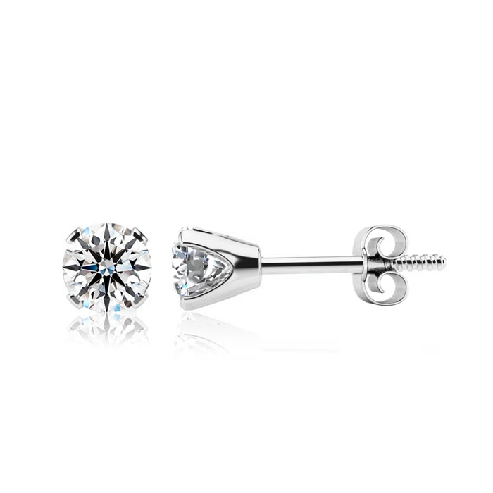 1ct diamond studs set in 14K white gold with a four-prong setting and screw-back closure, featuring brilliant round-cut diamonds.