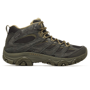 A dark green hiking boot with a rugged, textured design, featuring the Merrell logo on the side and a Vibram outsole for traction. It's designed for outdoor use with durable materials and sturdy construction.