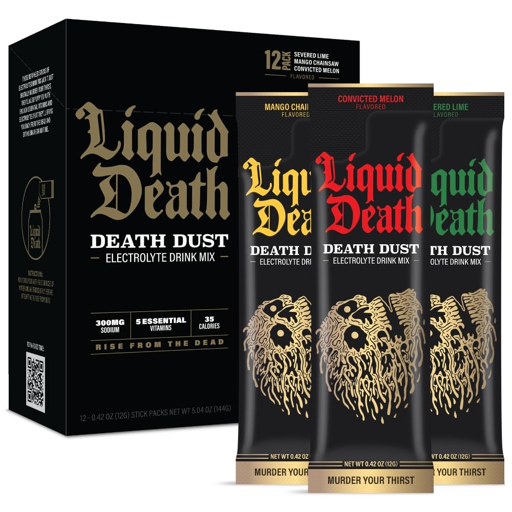 Liquid Death Death Dust Electrolyte Drink Mix includes flavors like Severed Lime, Mango Chainsaw, and Convicted Melon. The pack contains 12 stick packs, each with 300mg sodium, 5 essential vitamins, and 35 calories.