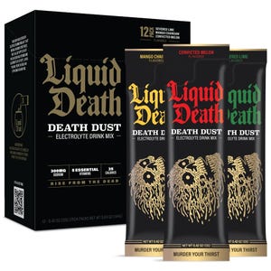 Liquid Death Death Dust Electrolyte Drink Mix includes flavors like Severed Lime, Mango Chainsaw, and Convicted Melon. The pack contains 12 stick packs, each with 300mg sodium, 5 essential vitamins, and 35 calories.