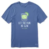 Blue T-shirt with a graphic of a drink, ice cubes, and a lime slice, featuring the text \“LET THE FUN BE GIN\“ and \“LIFE IS GOOD.\“