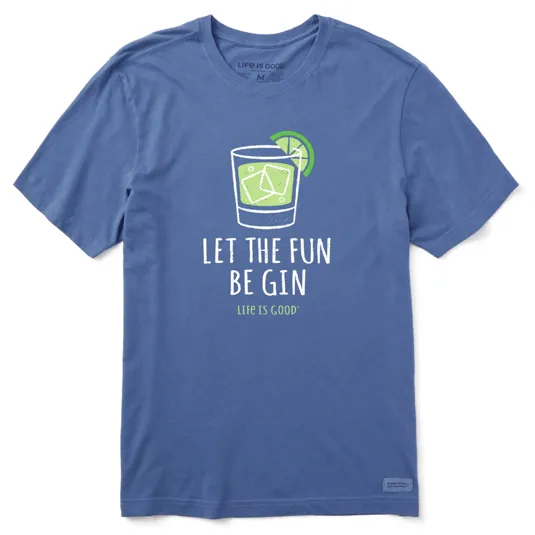 Blue T-shirt with a graphic of a drink, ice cubes, and a lime slice, featuring the text \“LET THE FUN BE GIN\“ and \“LIFE IS GOOD.\“