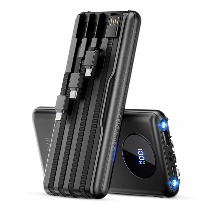 A black portable power bank with built-in charging cables, including USB and Lightning connectors, featuring a digital display for battery percentage and LED indicators.