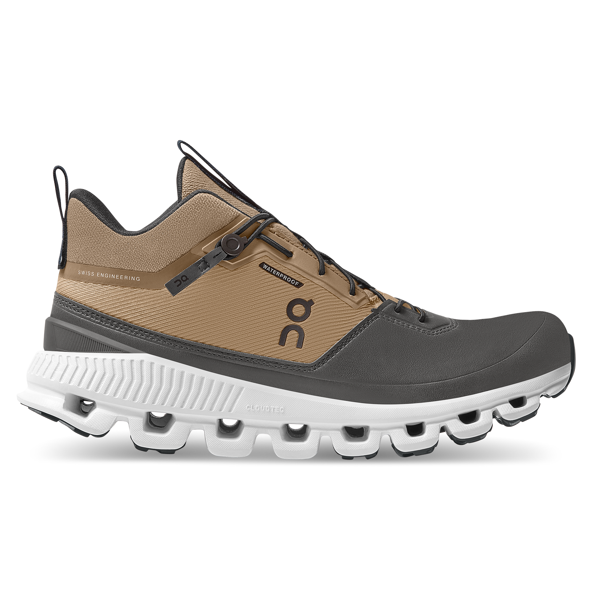 A tan and dark grey waterproof running shoe with a thick white sole featuring a unique cushioning design.