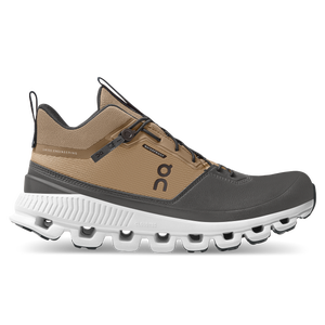 A tan and dark grey waterproof running shoe with a thick white sole featuring a unique cushioning design.
