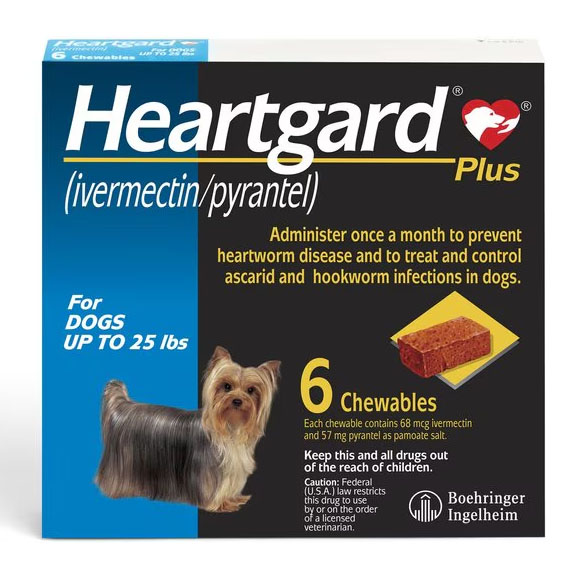 Heartgard Plus (ivermectin/pyrantel) for dogs up to 25 lbs, contains 6 chewables to prevent heartworm disease and treat ascarid and hookworm infections.