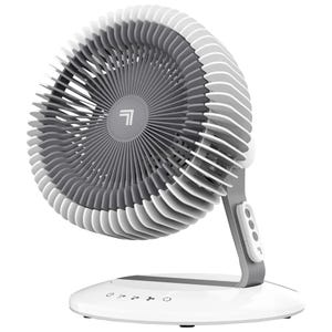 Sharper Image Oscillating Fan features a sleek, modern design with adjustable tilt and oscillation, a round base with touch controls, and a white and grey color scheme.