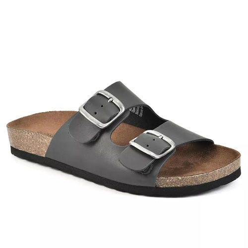 A black slip-on sandal with two adjustable buckles and a cork sole, featuring a contoured footbed.