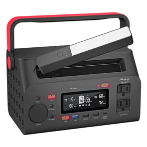 A black Energizer Portable Power Station with a red handle features a display panel, multiple output ports including USB and AC, and a light bar on top.