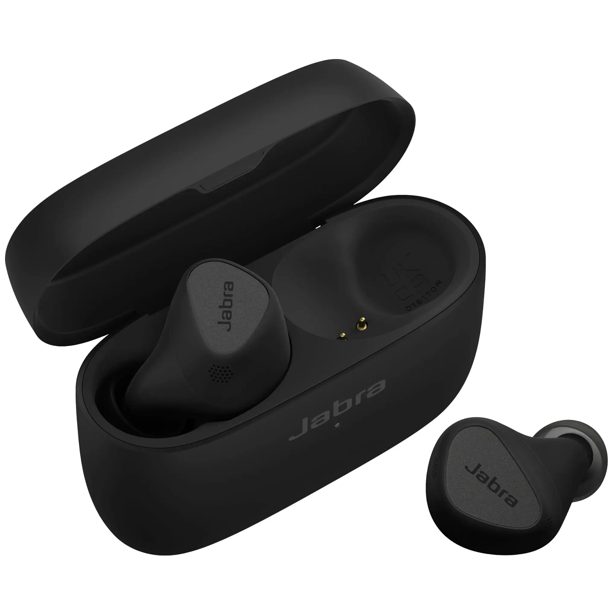 Jabra noise-cancelling earbuds in a black charging case, featuring a sleek, compact design with Jabra branding.