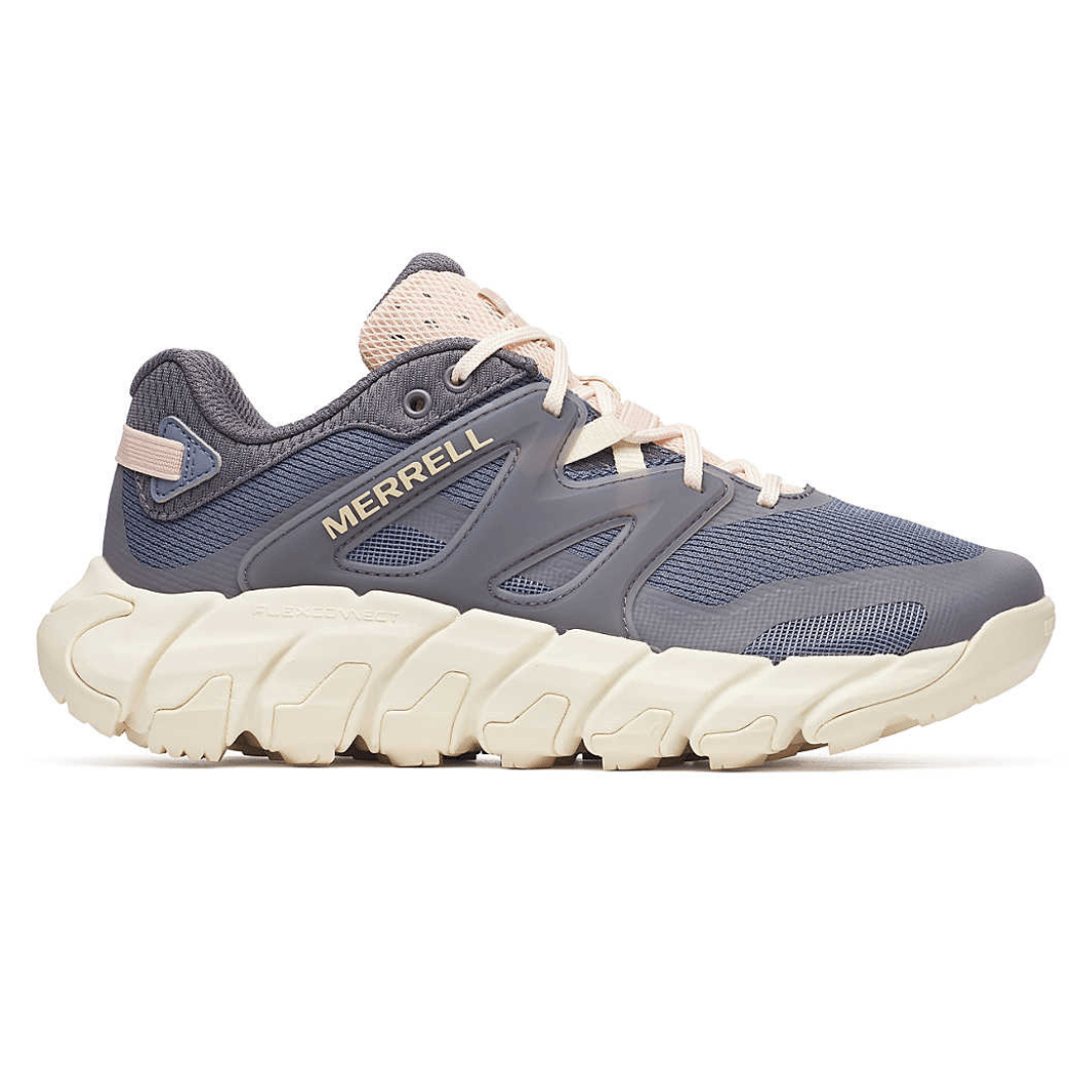 Merrell athletic shoe, featuring a blue mesh upper with grey accents and a thick beige sole, designed for flexibility and comfort.