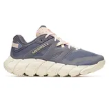 Merrell athletic shoe, featuring a blue mesh upper with grey accents and a thick beige sole, designed for flexibility and comfort.