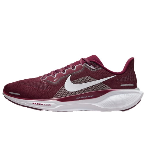 Maroon Nike Air Zoom Pegasus 41 shoes featuring a white swoosh, \“Alabama A&M\“ text on the midsole, and a white sole.