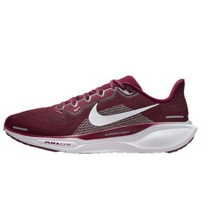 Maroon Nike Air Zoom Pegasus 41 shoes featuring a white swoosh, \“Alabama A&M\“ text on the midsole, and a white sole.