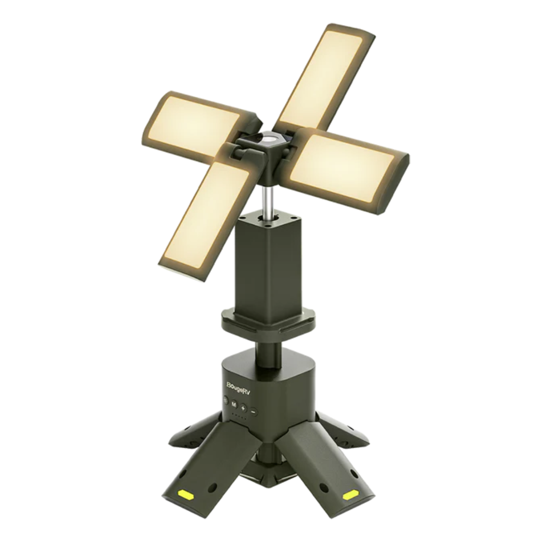 The BougeRV Outdoor Camping Lantern features a unique design with four foldable light panels on a telescopic stand, providing adjustable illumination. It has a compact, portable build ideal for camping or outdoor activities.