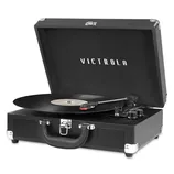 Victrola portable record player in a suitcase design, featuring a vinyl turntable and built-in speakers, with a classic black finish.