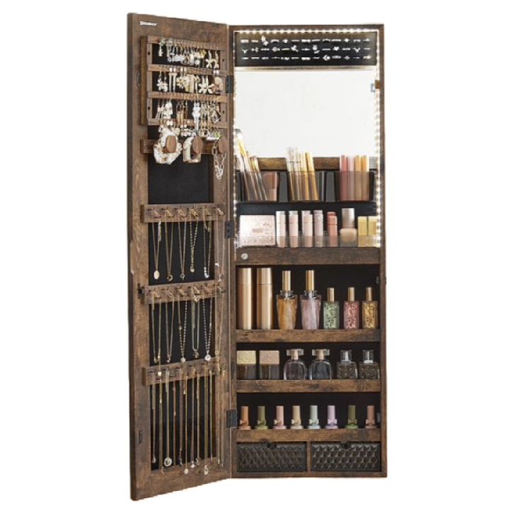 A jewelry and cosmetics organizer with a mirror, featuring compartments for necklaces, earrings, and makeup items.