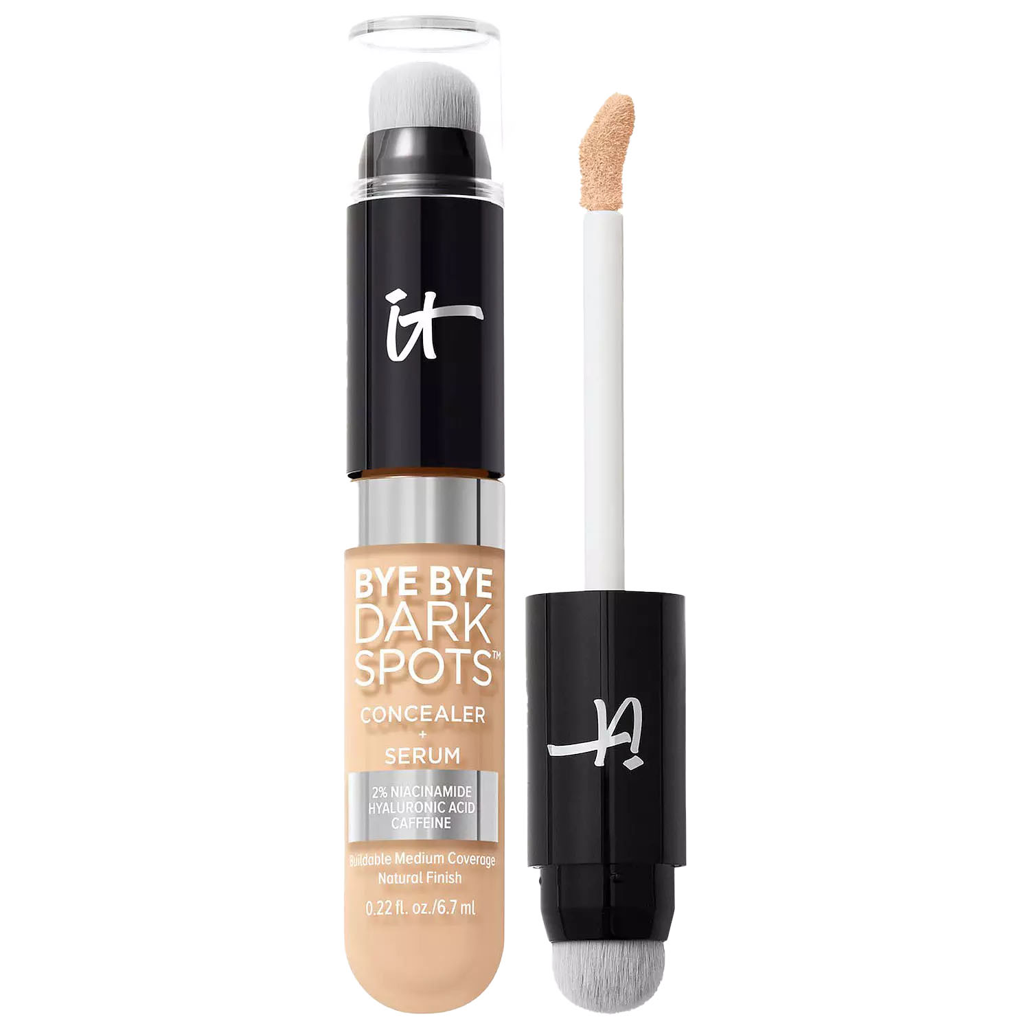 IT Cosmetics Bye Bye Dark Spots Concealer + Serum offers buildable medium coverage with a natural finish, containing 2% niacinamide, hyaluronic acid, and caffeine. It includes an applicator and a brush for easy use.