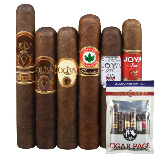 A selection of cigars featuring Oliva and Joya de Nicaragua brands, including Serie V, Serie G, Antaño, Silver, and Red, displayed alongside a factory-sealed bag labeled \“Cigar Page.\“