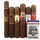A selection of cigars featuring Oliva and Joya de Nicaragua brands, including Serie V, Serie G, Antaño, Silver, and Red, displayed alongside a factory-sealed bag labeled \“Cigar Page.\“