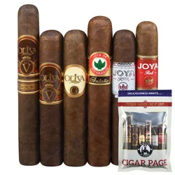 A selection of cigars featuring Oliva and Joya de Nicaragua brands, including Serie V, Serie G, Antaño, Silver, and Red, displayed alongside a factory-sealed bag labeled \“Cigar Page.\“