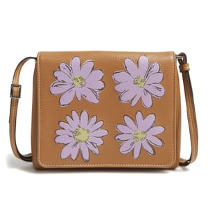 Brown leather crossbody bag with adjustable strap, featuring four large, stylized lilac flowers with yellow centers on the front.