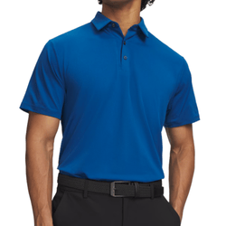 A man is wearing a blue short-sleeve polo shirt with a collar and three-button placket, paired with black pants and a belt.