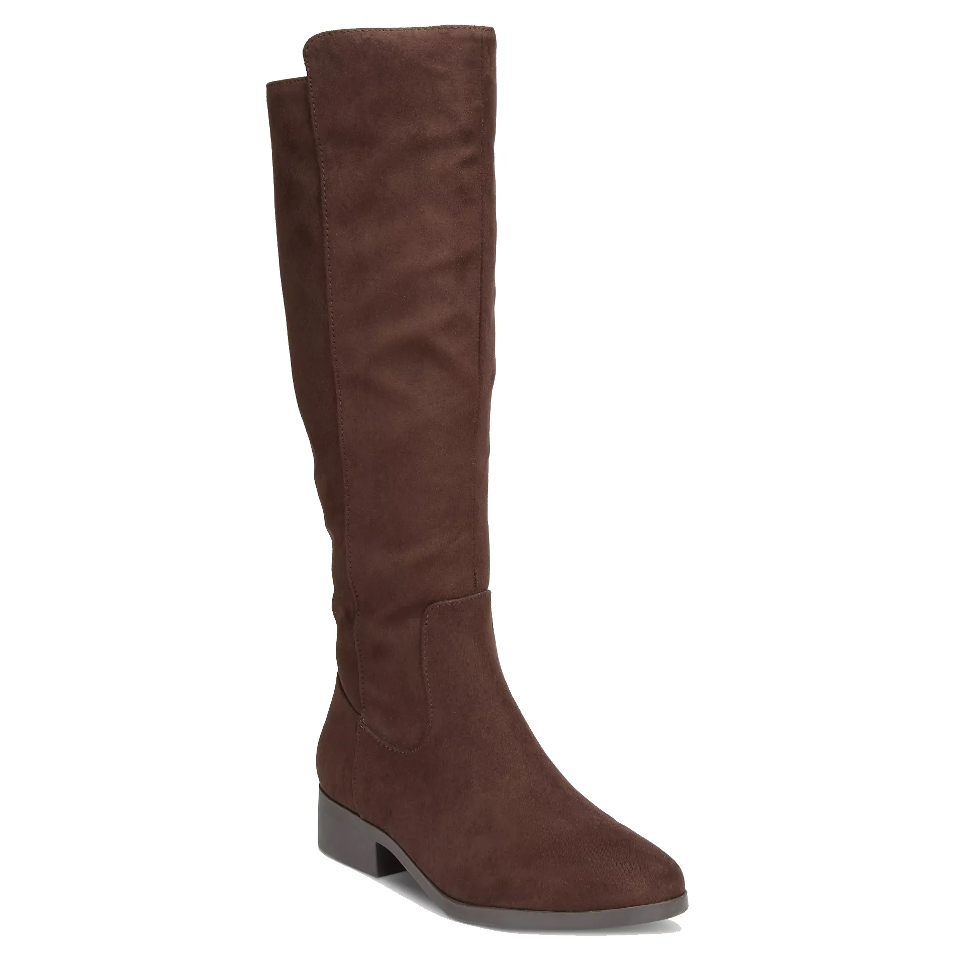 Brown knee-high suede boot with a low block heel and subtle stitching details.