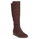 Brown knee-high suede boot with a low block heel and subtle stitching details.