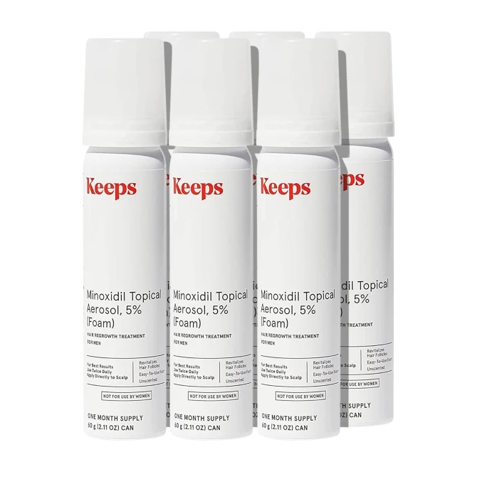 Keeps Minoxidil Topical Aerosol, 5% Foam, designed for men's hair regrowth. Each of the six cans contains a one-month supply (60g/2.11 oz), not for use by women.