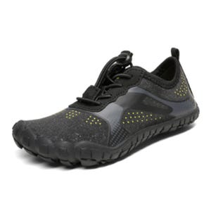 Kids' water shoes featuring a black color with yellow accents, slip-on design, lace-up front, textured flexible sole for grip, and quick-dry material.