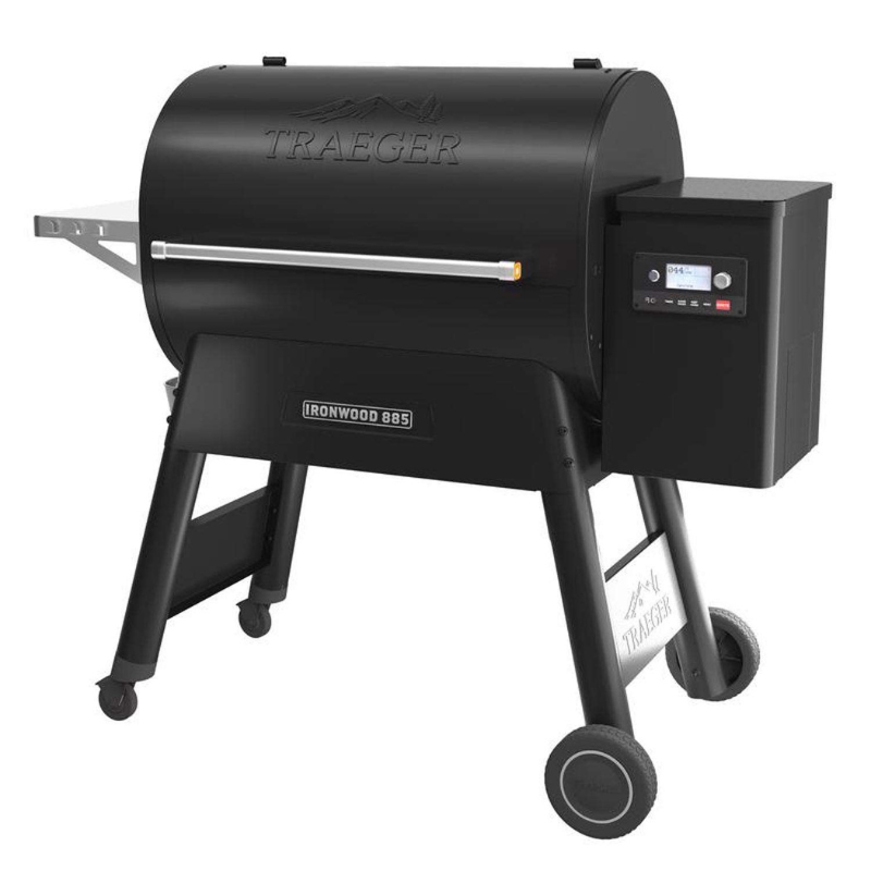 A Traeger Ironwood 885 pellet grill, featuring a black cylindrical body, digital control panel, side handle, and sturdy legs with wheels for mobility.