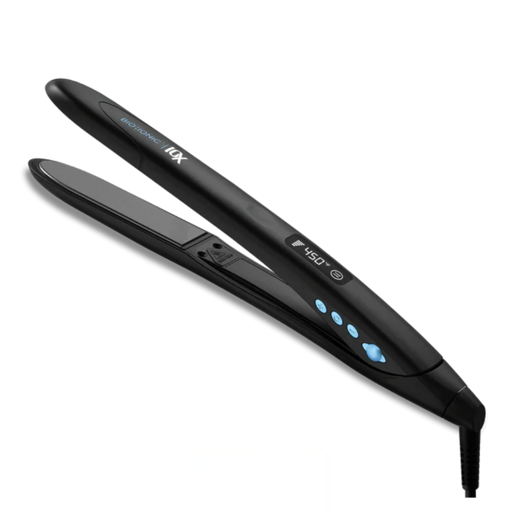 A black hair straightener featuring digital controls and a display showing 450°F, with the brand and model name printed on the handle.