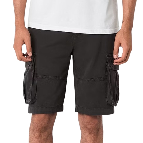A person is wearing black cargo shorts with large side pockets and a white T-shirt.