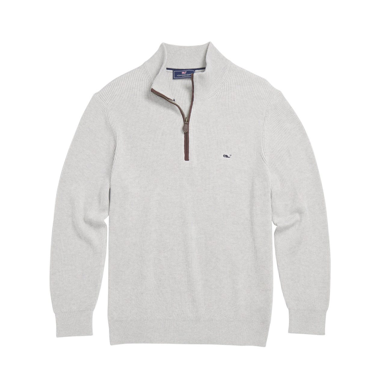 Light gray quarter-zip sweater with a ribbed texture and a small logo on the chest; collar features a brown zipper trim.