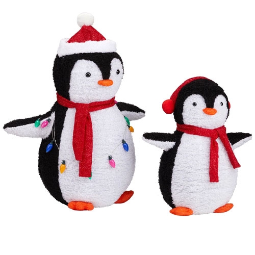 Two festive penguin decorations, each wearing a red scarf and Santa hat, with one adorned in colorful Christmas lights.