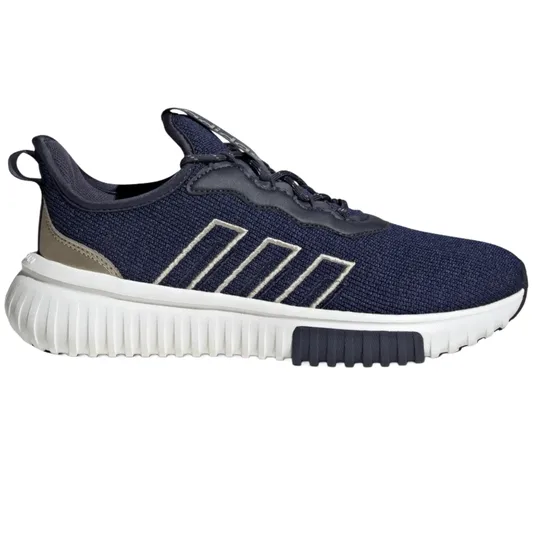 Dark blue athletic sneaker with a textured knit upper, beige heel accents, and white midsole, featuring a black outsole section and striped side design.
