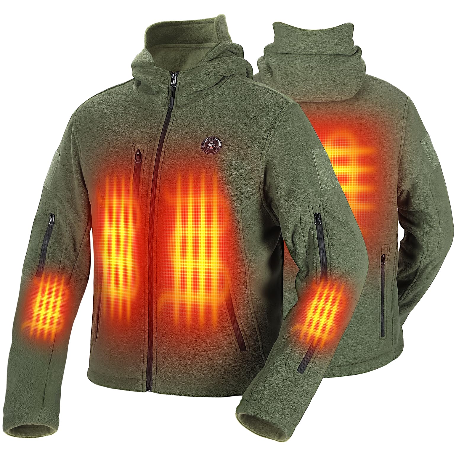 Green heated jacket with heating elements on the chest, back, and arms, designed for warmth in cold conditions.