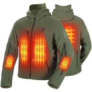 Green heated jacket with heating elements on the chest, back, and arms, designed for warmth in cold conditions.