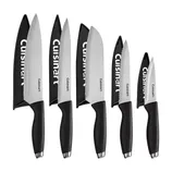 A set of Cuisinart kitchen knives with black handles and blade guards. Includes multiple knife types for various culinary tasks.