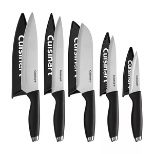 A set of Cuisinart kitchen knives with black handles and blade guards. Includes multiple knife types for various culinary tasks.