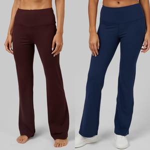 Two pairs of yoga pants, one in burgundy and one in navy blue.