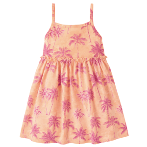 A sleeveless, peach-colored dress with pink palm tree patterns, featuring thin straps and a gathered waist.