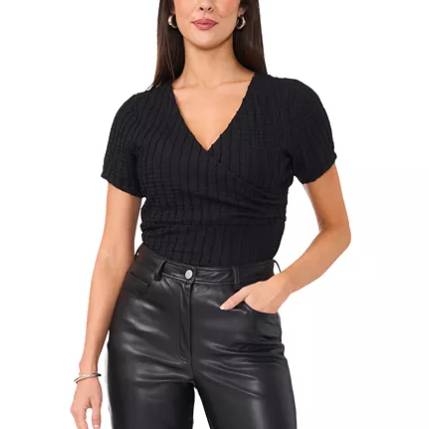 A black, textured faux-wrap top with short sleeves and a V-neck design, featuring a fitted silhouette.