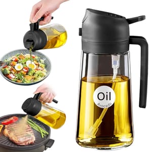 Oil bottle with a pour spout and a sprayer for dispensing avocado oil. One image shows oil being poured onto a salad, and another shows oil being sprayed over grilling food.